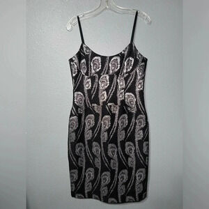 Trina Turk Black & Silver Peacock Lined Cocktail Dress Sz8 Wedding Party Formal